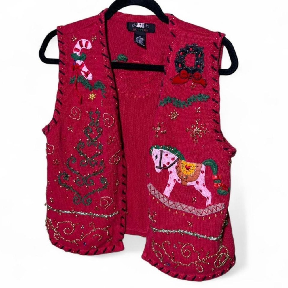 Segue Ho Ho Ho size M red Christmas sweater vest with beaded details and sequins